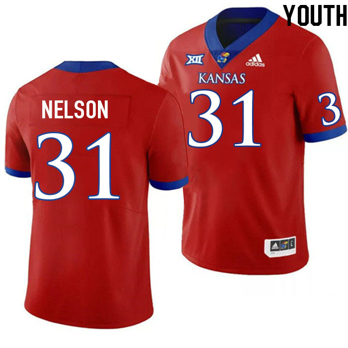 Youth #31 Landon Nelson Kansas Jayhawks College Football Jerseys Stitched Sale-Red - Click Image to Close